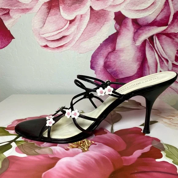 Tommy Hilfiger Black Strappy Heels with Pink Floral Accents - Picture 3 of 10